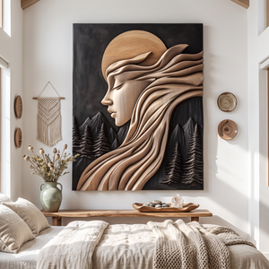 Moonlit Reverie Solid Wood Wall Art with Flowing Hair and Forest Landscape