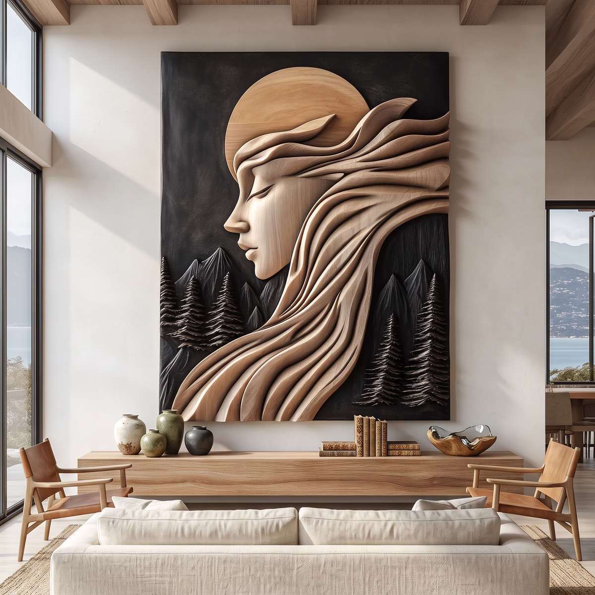 Moonlit Reverie Solid Wood Wall Art with Flowing Hair and Forest Landscape