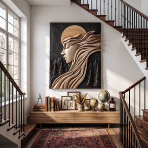 Moonlit Reverie Solid Wood Wall Art with Flowing Hair and Forest Landscape