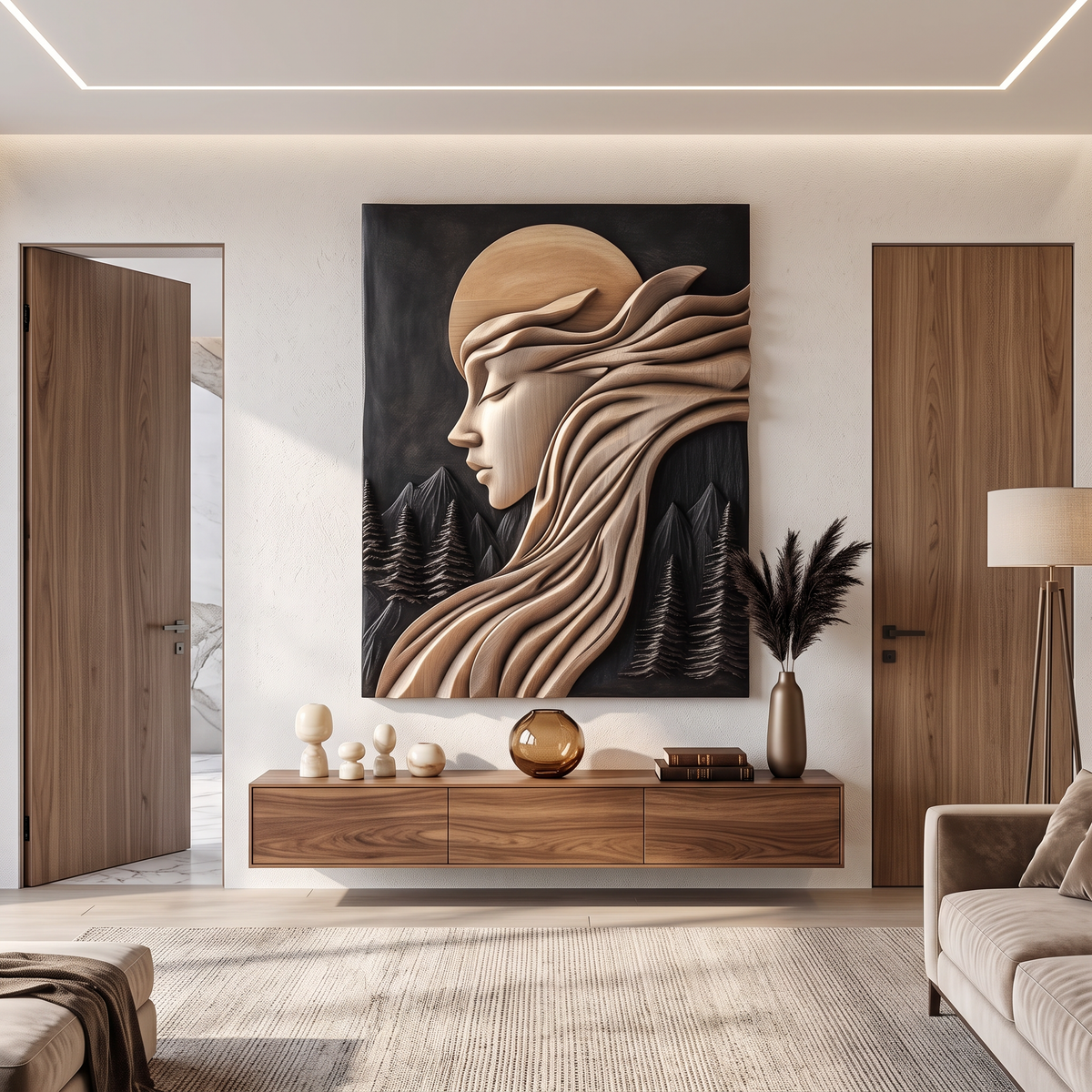 Moonlit Reverie Solid Wood Wall Art with Flowing Hair and Forest Landscape