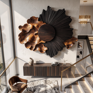 Wall Sculpture with Radiating Black Sun and Flowing Organic Wave Design