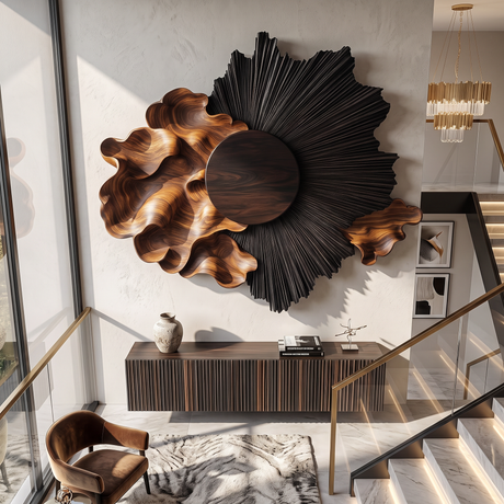 Wall Sculpture with Radiating Black Sun and Flowing Organic Wave Design
