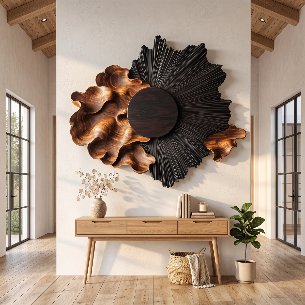 Wall Sculpture with Radiating Black Sun and Flowing Organic Wave Design