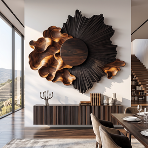 Wall Sculpture with Radiating Black Sun and Flowing Organic Wave Design