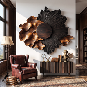 Wall Sculpture with Radiating Black Sun and Flowing Organic Wave Design