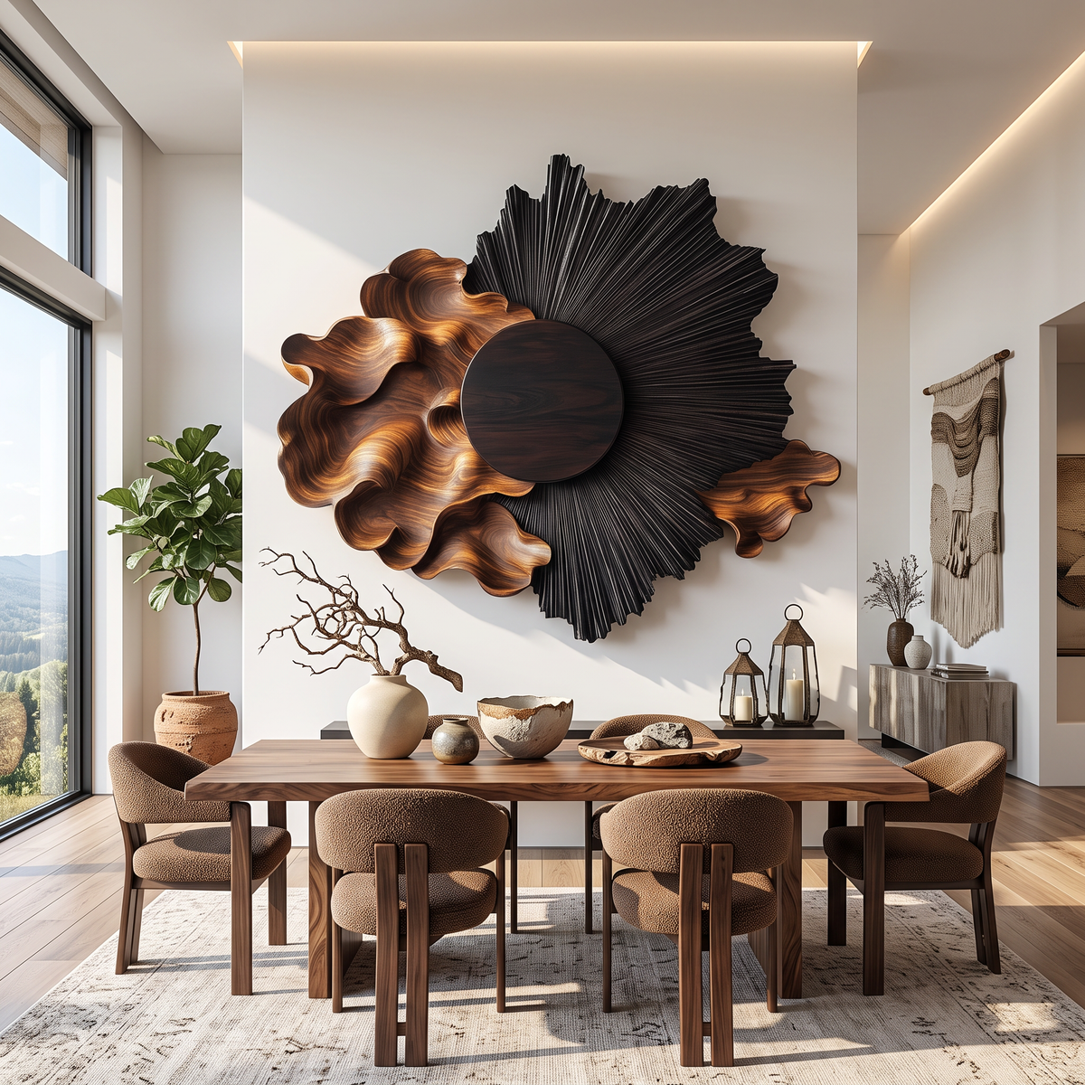 Wall Sculpture with Radiating Black Sun and Flowing Organic Wave Design