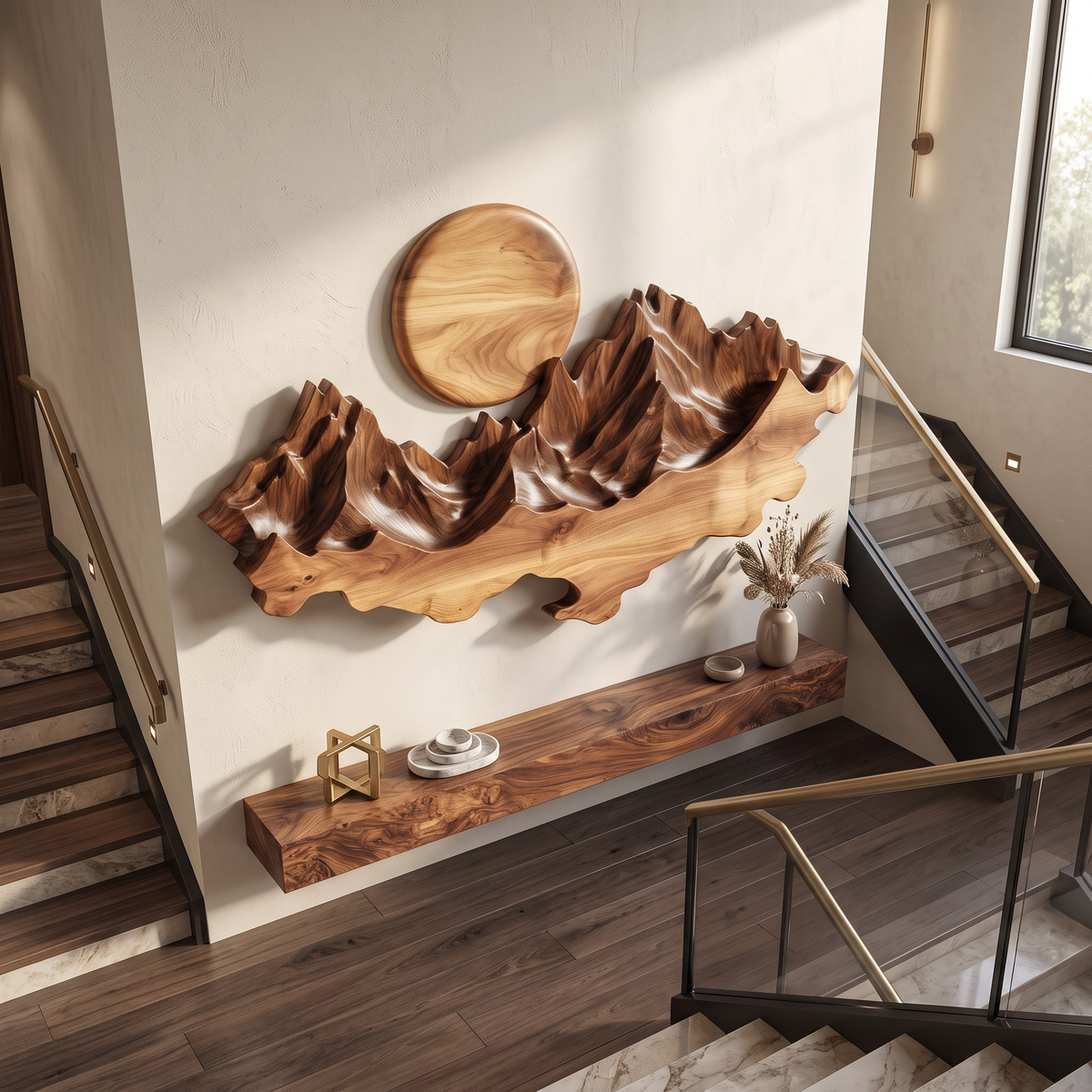 Wall Sculpture Solid Wood with Layered Mountain Landscape and Rising Sun Design
