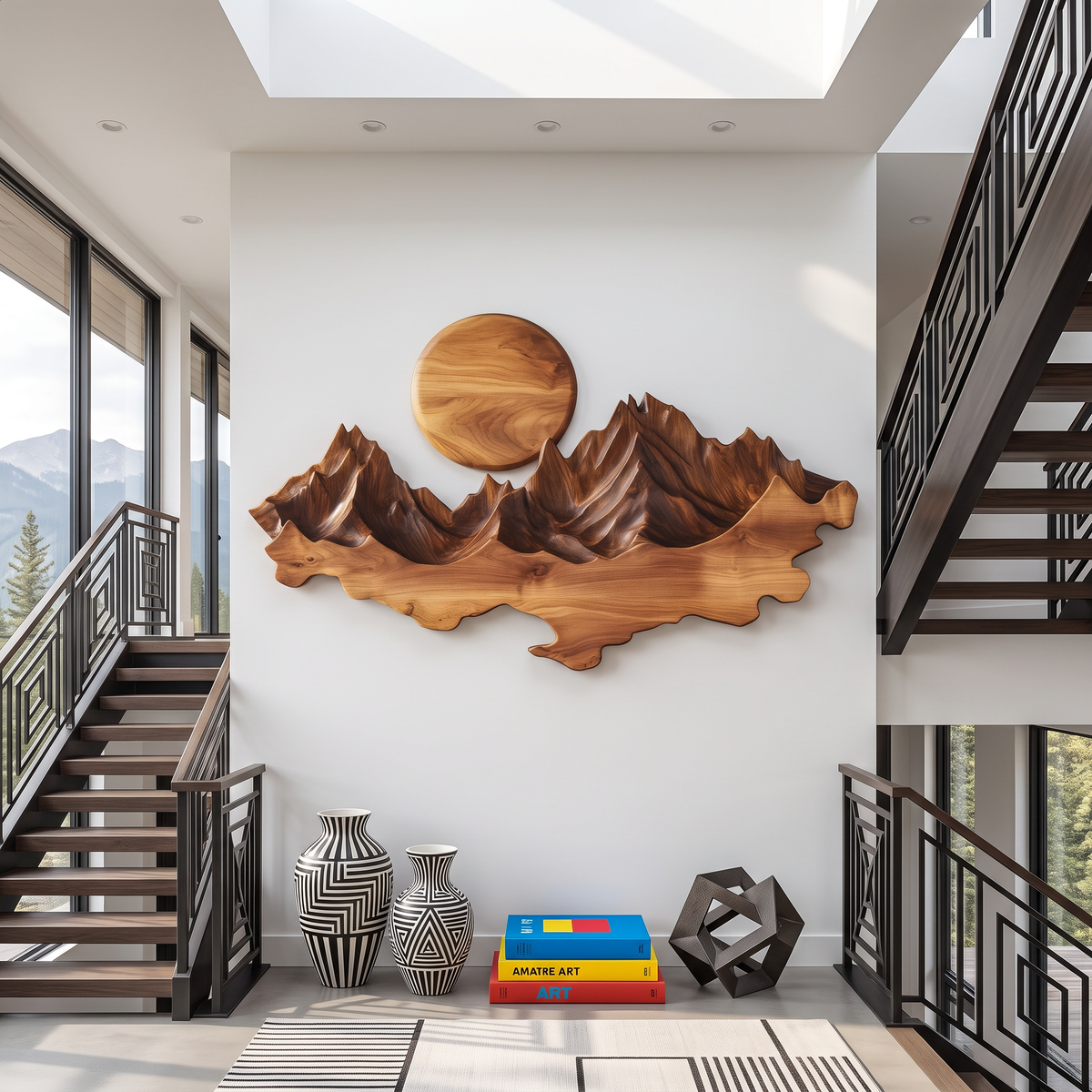 Wall Sculpture Solid Wood with Layered Mountain Landscape and Rising Sun Design