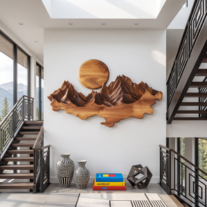 Wall Sculpture Solid Wood with Layered Mountain Landscape and Rising Sun Design