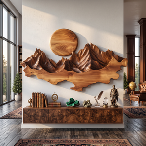 Wall Sculpture Solid Wood with Layered Mountain Landscape and Rising Sun Design