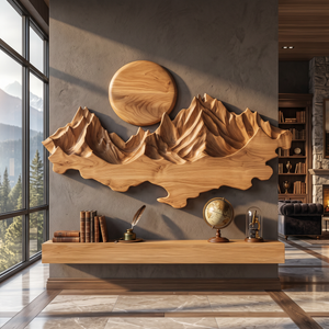 Wall Sculpture Solid Wood with Layered Mountain Landscape and Rising Sun Design