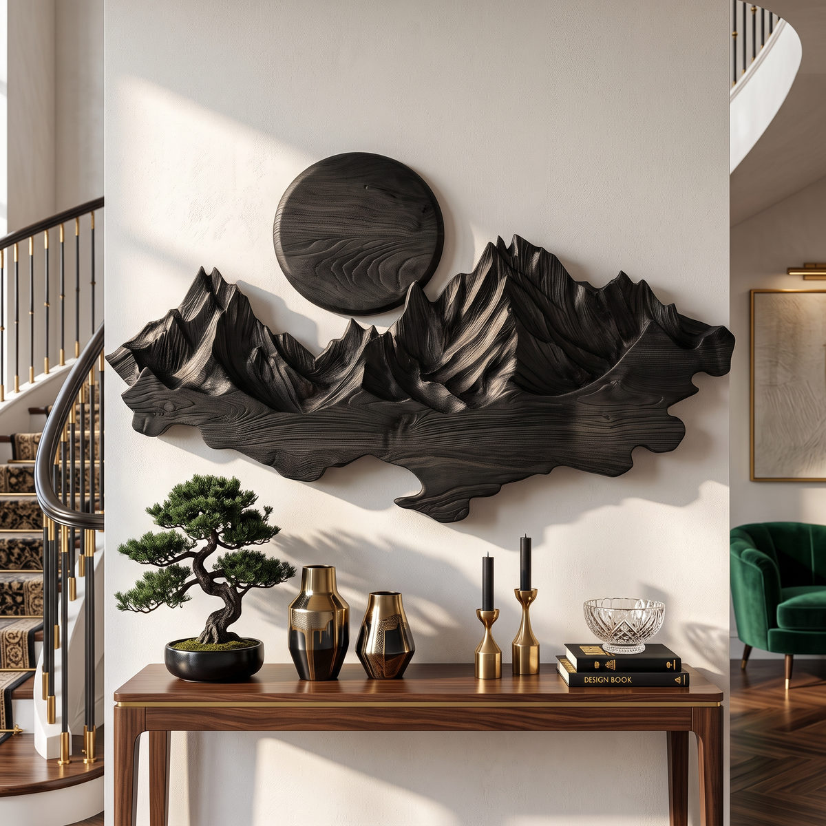 Wall Sculpture Solid Wood with Layered Mountain Landscape and Rising Sun Design