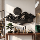 Wall Sculpture Solid Wood with Layered Mountain Landscape and Rising Sun Design