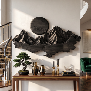 Wall Sculpture Solid Wood with Layered Mountain Landscape and Rising Sun Design