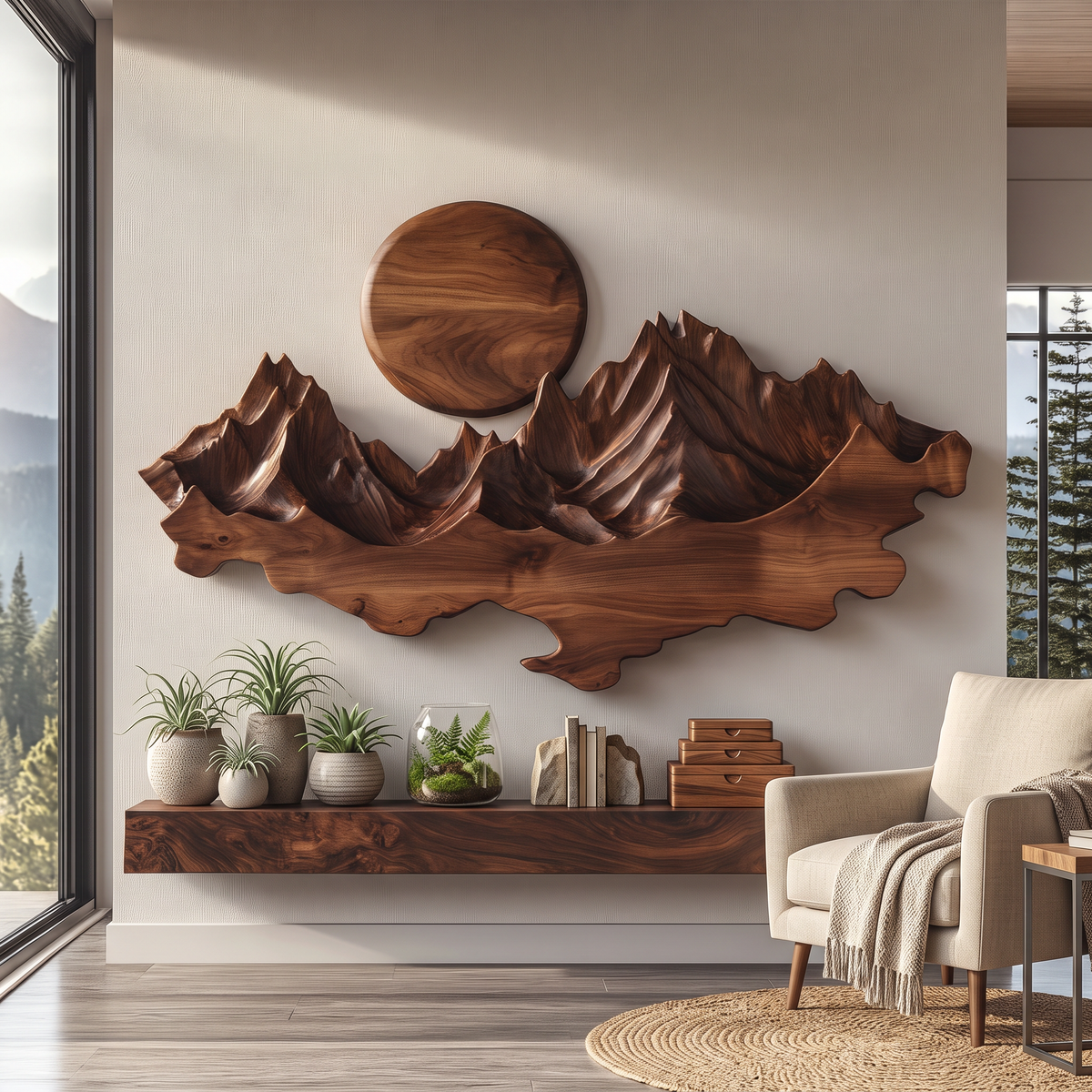 Wall Sculpture Solid Wood with Layered Mountain Landscape and Rising Sun Design