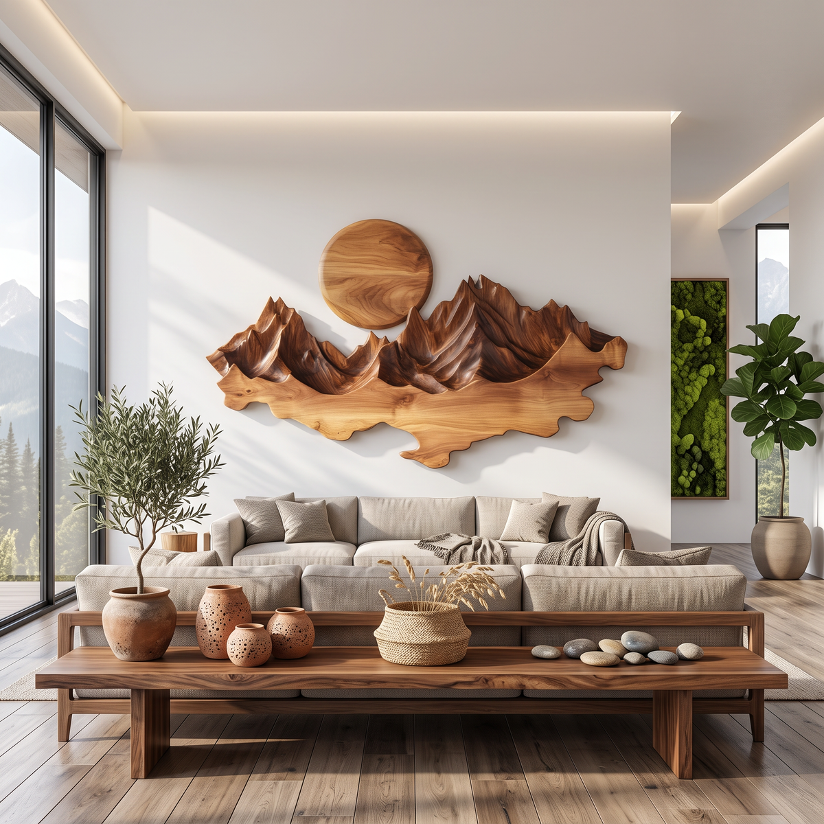 Wall Sculpture Solid Wood with Layered Mountain Landscape and Rising Sun Design