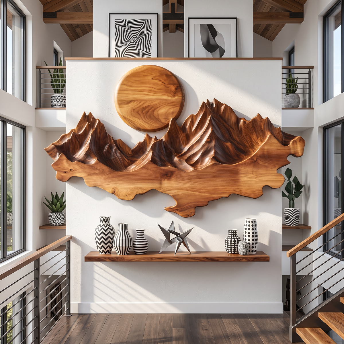 Wall Sculpture Solid Wood with Layered Mountain Landscape and Rising Sun Design