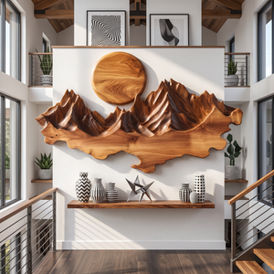 Wall Sculpture Solid Wood with Layered Mountain Landscape and Rising Sun Design
