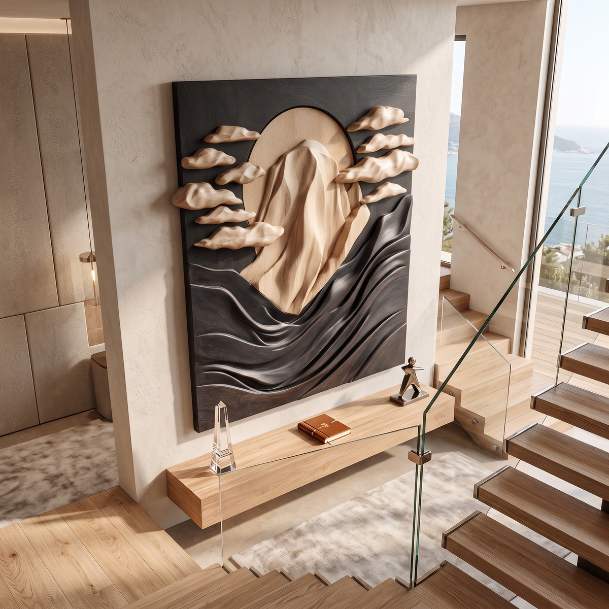 Wall Sculpture Solid Wood with Mountain Peak, Rising Sun and Flowing Wave Relief