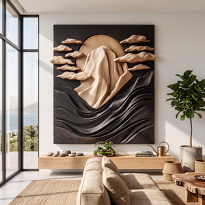 Wall Sculpture Solid Wood with Mountain Peak, Rising Sun and Flowing Wave Relief