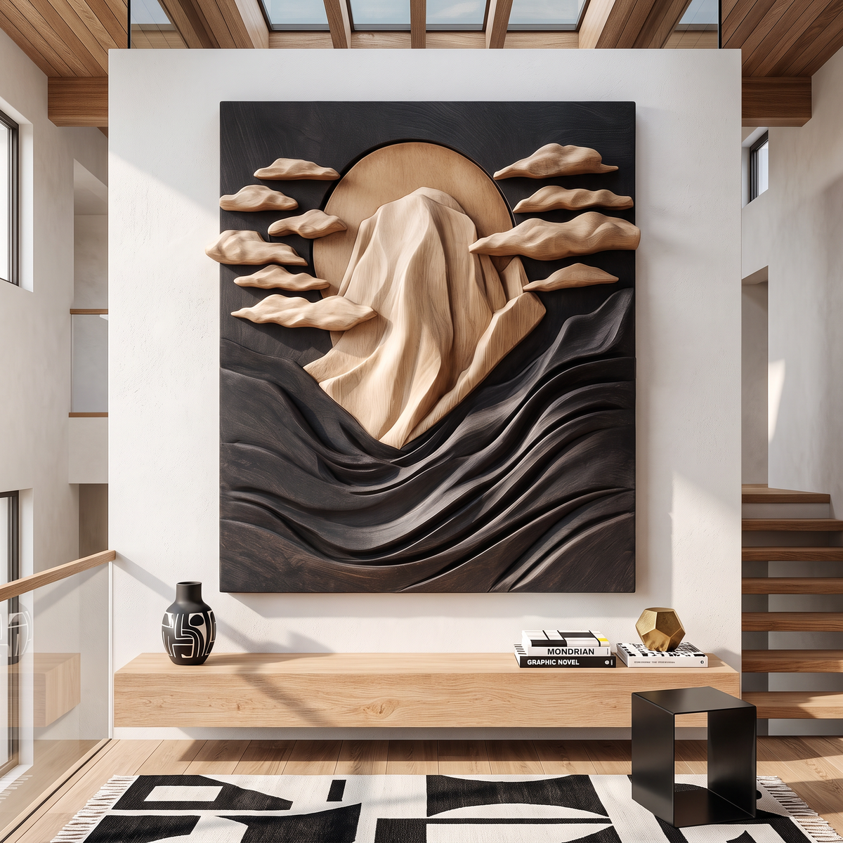 Wall Sculpture Solid Wood with Mountain Peak, Rising Sun and Flowing Wave Relief