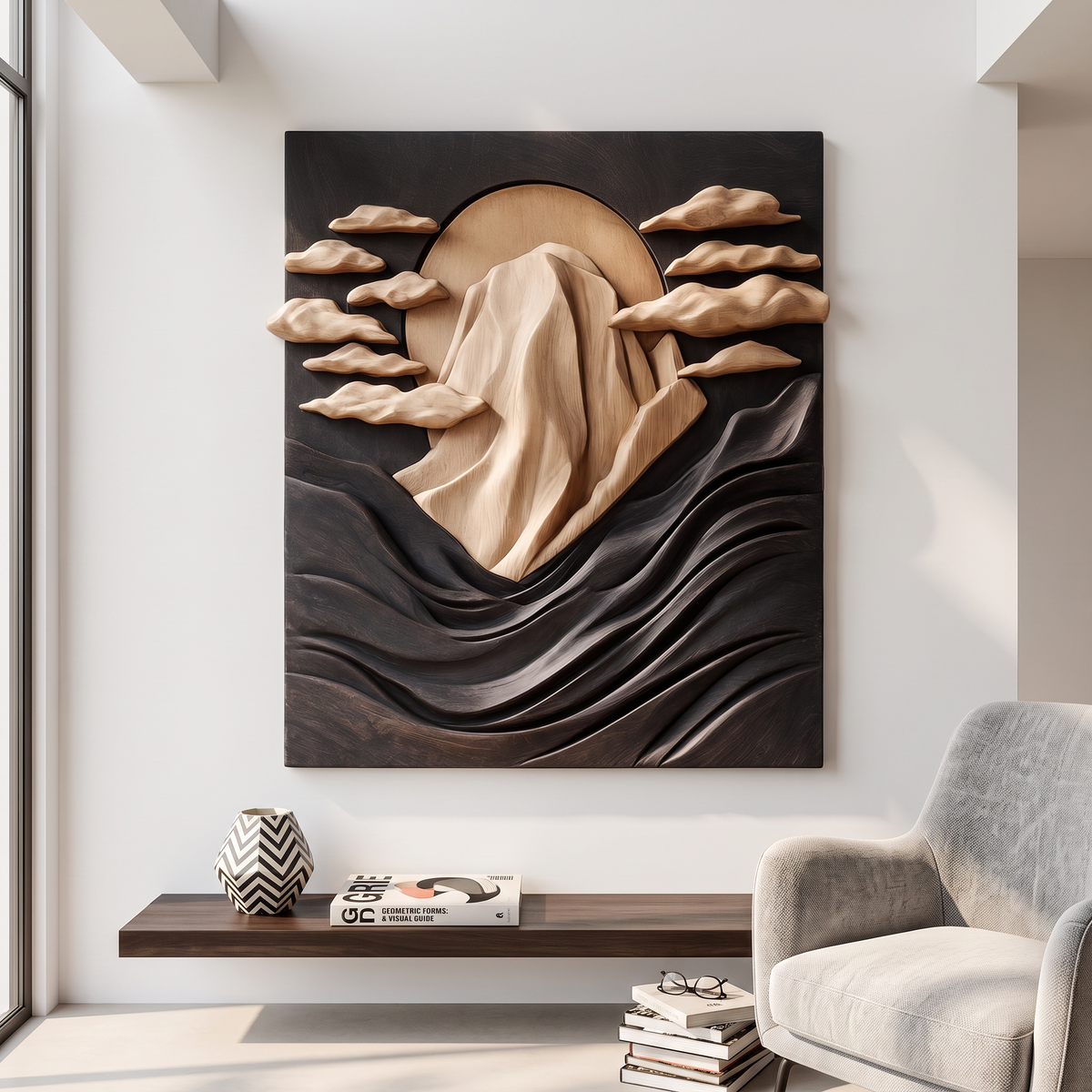 Wall Sculpture Solid Wood with Mountain Peak, Rising Sun and Flowing Wave Relief