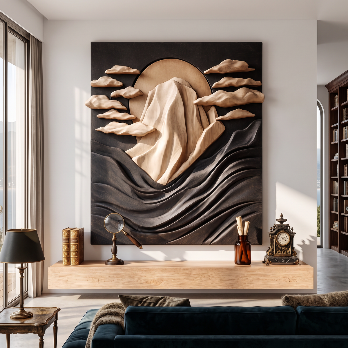 Wall Sculpture Solid Wood with Mountain Peak, Rising Sun and Flowing Wave Relief