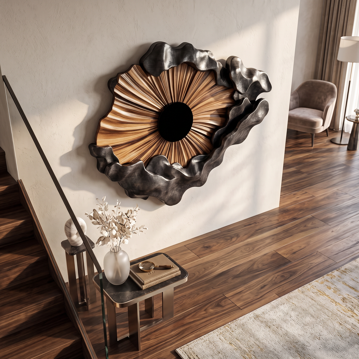 Wall Sculpture Solid Wood with Radiating Sun Design and Sculptural Black Cloud Layers