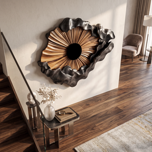 Wall Sculpture Solid Wood with Radiating Sun Design and Sculptural Black Cloud Layers