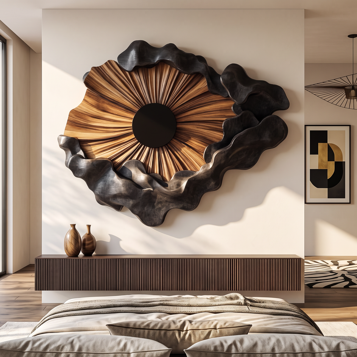 Wall Sculpture Solid Wood with Radiating Sun Design and Sculptural Black Cloud Layers