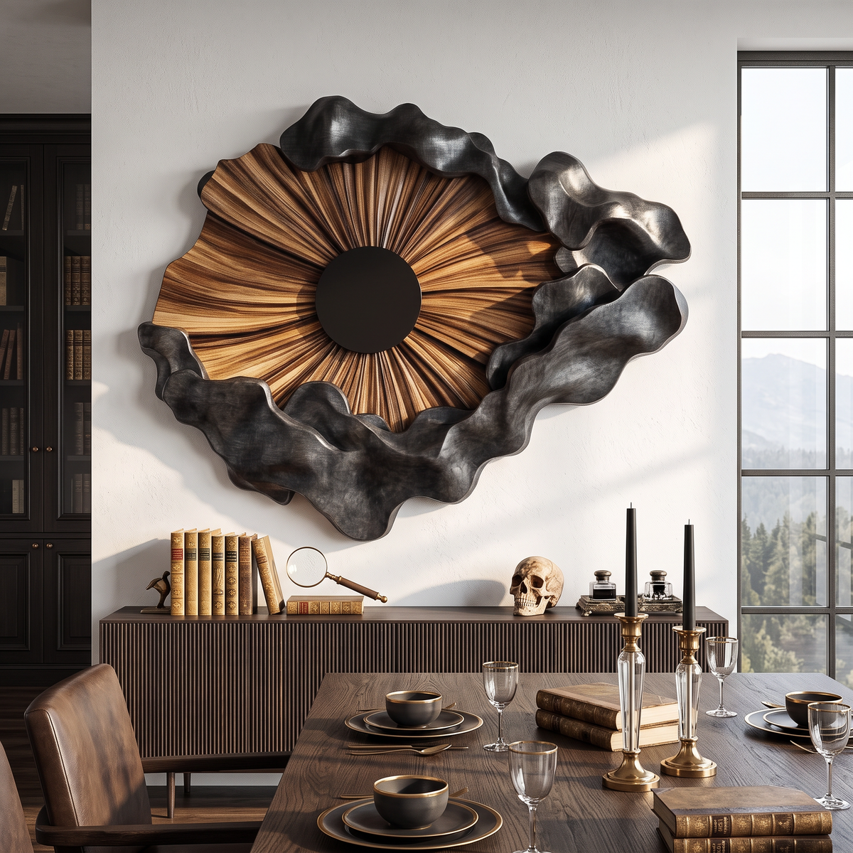 Wall Sculpture Solid Wood with Radiating Sun Design and Sculptural Black Cloud Layers