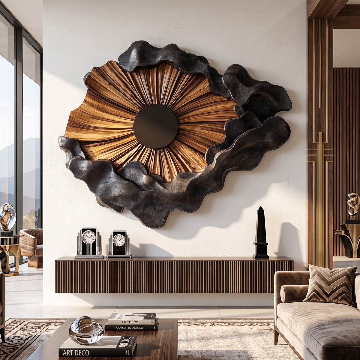 Wall Sculpture Solid Wood with Radiating Sun Design and Sculptural Black Cloud Layers