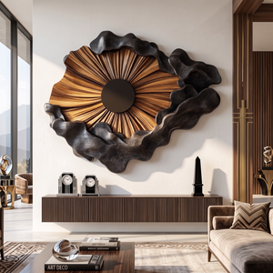 Wall Sculpture Solid Wood with Radiating Sun Design and Sculptural Black Cloud Layers