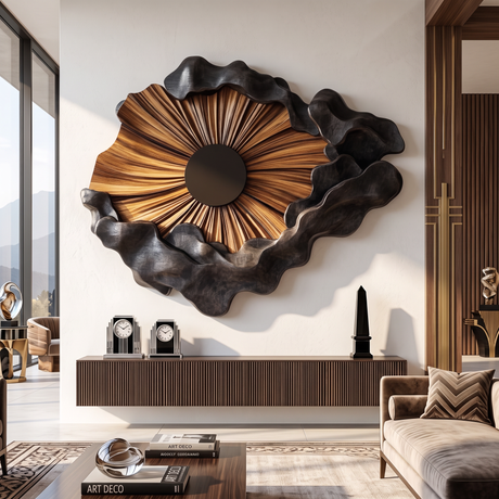 Wall Sculpture Solid Wood with Radiating Sun Design and Sculptural Black Cloud Layers
