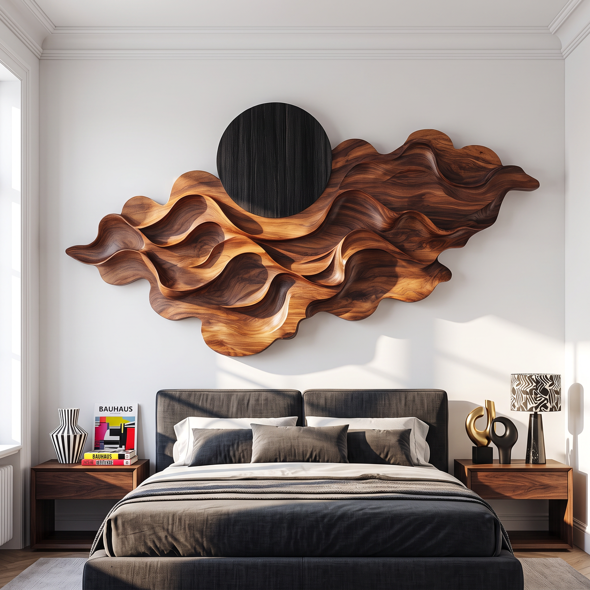 Wall Sculpture Solid Wood with Layered Flowing Waves and Black Sun Design