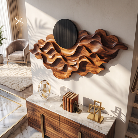 Wall Sculpture Solid Wood with Layered Flowing Waves and Black Sun Design