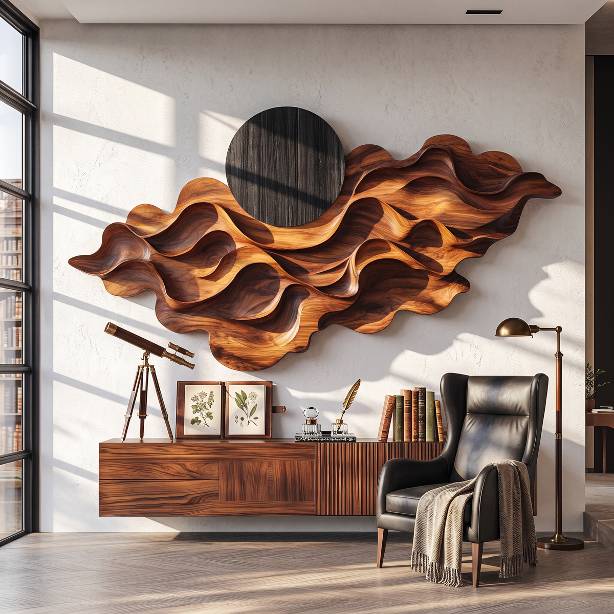 Wall Sculpture Solid Wood with Layered Flowing Waves and Black Sun Design