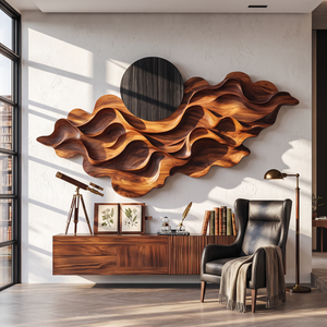 Wall Sculpture Solid Wood with Layered Flowing Waves and Black Sun Design