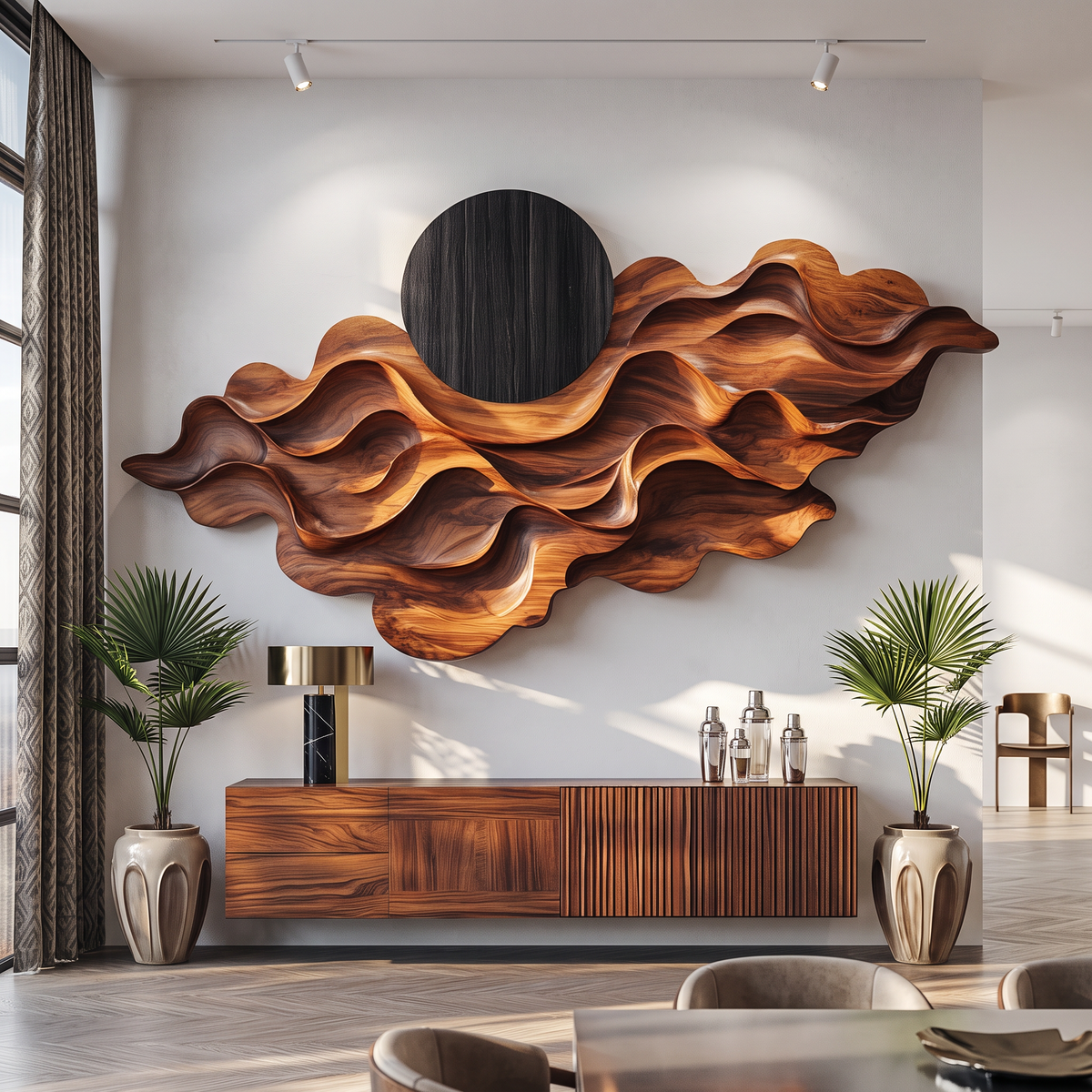 Wall Sculpture Solid Wood with Layered Flowing Waves and Black Sun Design