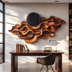 Wall Sculpture Solid Wood with Layered Flowing Waves and Black Sun Design