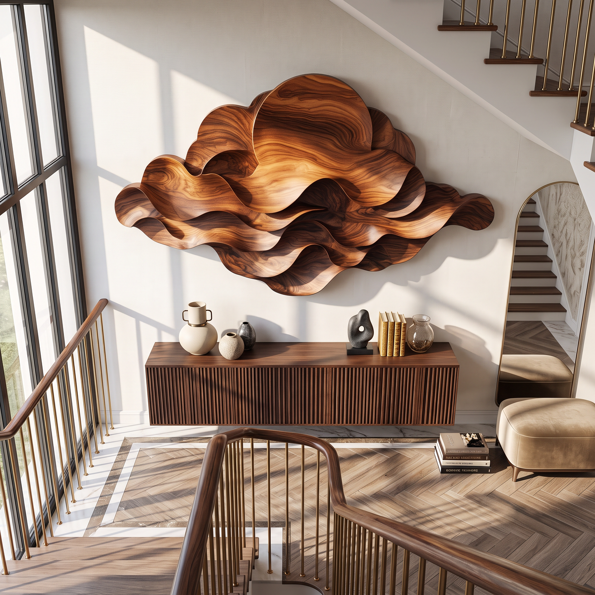 Wall Sculpture Solid Wood with Layered Flowing Waves and Rising Sun Design