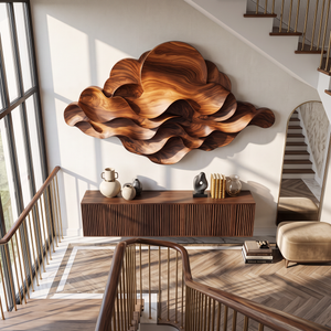 Wall Sculpture Solid Wood with Layered Flowing Waves and Rising Sun Design