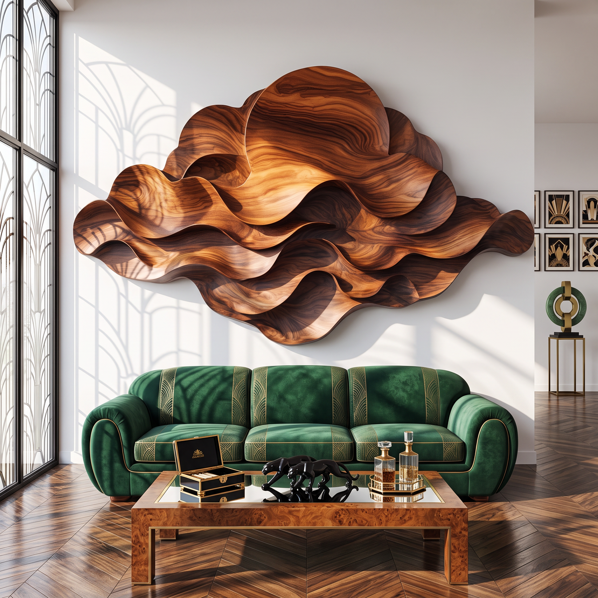 Wall Sculpture Solid Wood with Layered Flowing Waves and Rising Sun Design