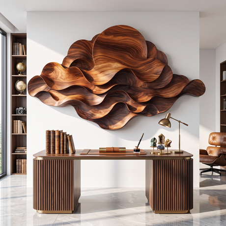 Wall Sculpture Solid Wood with Layered Flowing Waves and Rising Sun Design