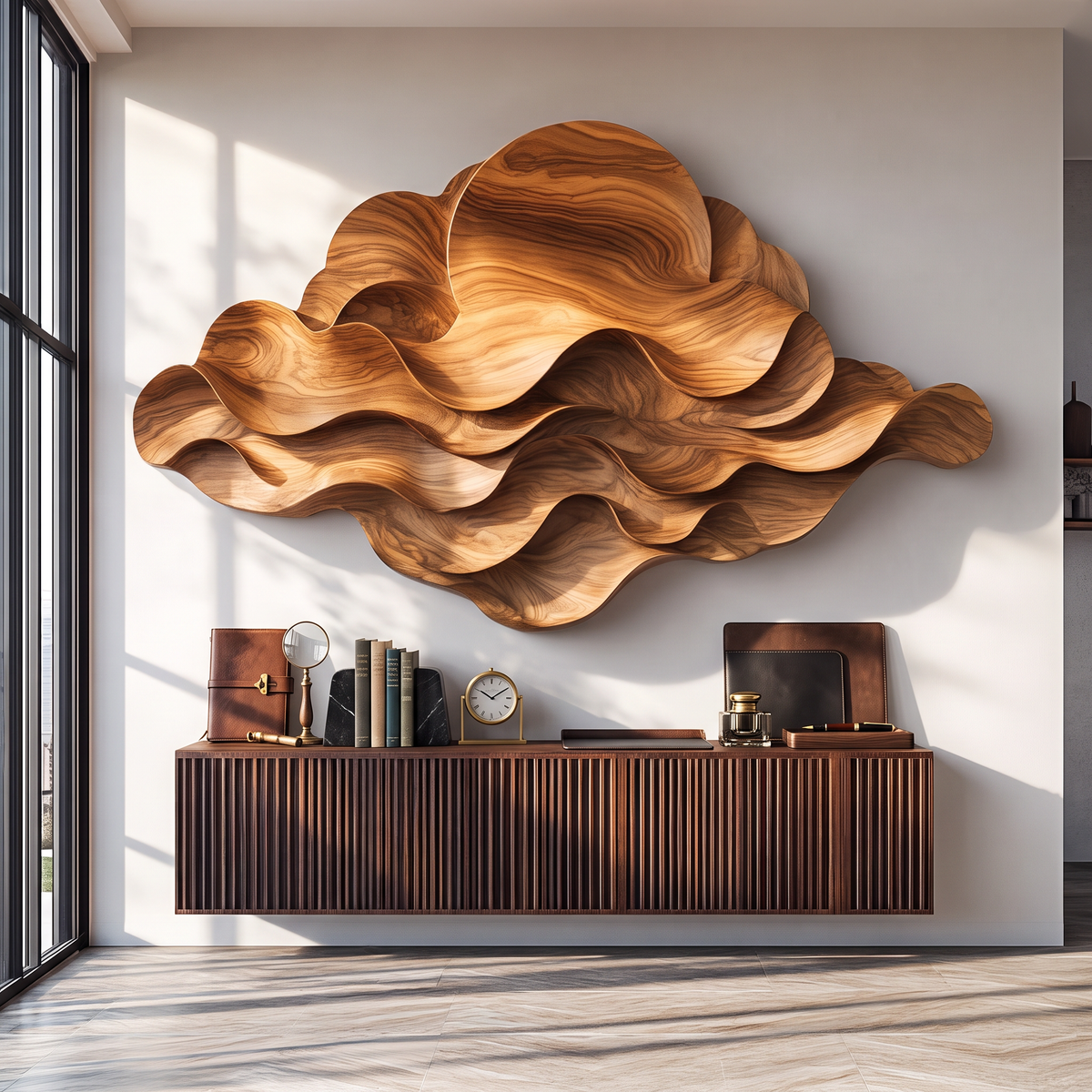 Wall Sculpture Solid Wood with Layered Flowing Waves and Rising Sun Design