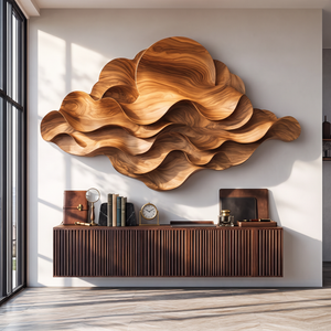 Wall Sculpture Solid Wood with Layered Flowing Waves and Rising Sun Design