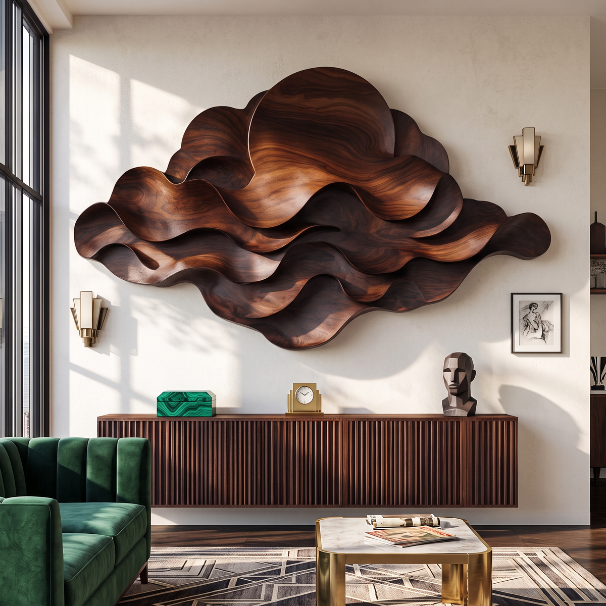 Wall Sculpture Solid Wood with Layered Flowing Waves and Rising Sun Design