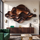 Wall Sculpture Solid Wood with Layered Flowing Waves and Rising Sun Design