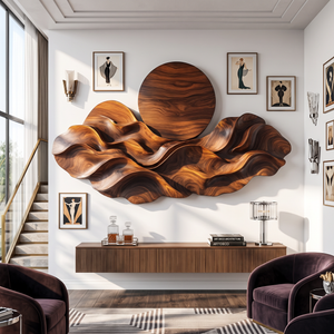 Wall Sculpture Solid Wood with Layered Wave Landscape and Circular Sun Design