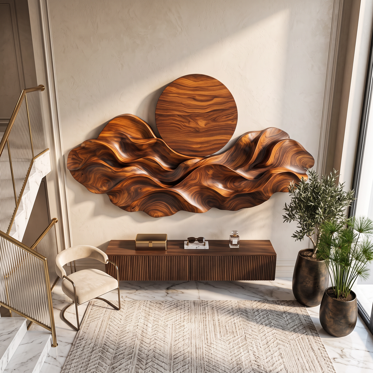 Wall Sculpture Solid Wood with Layered Wave Landscape and Circular Sun Design